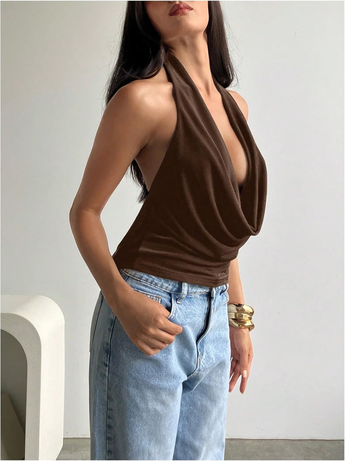 MakeMeChic Women's Going Out Halter Tops Backless Y2k Cowl Neck Tops Rave Outfits - Image 2