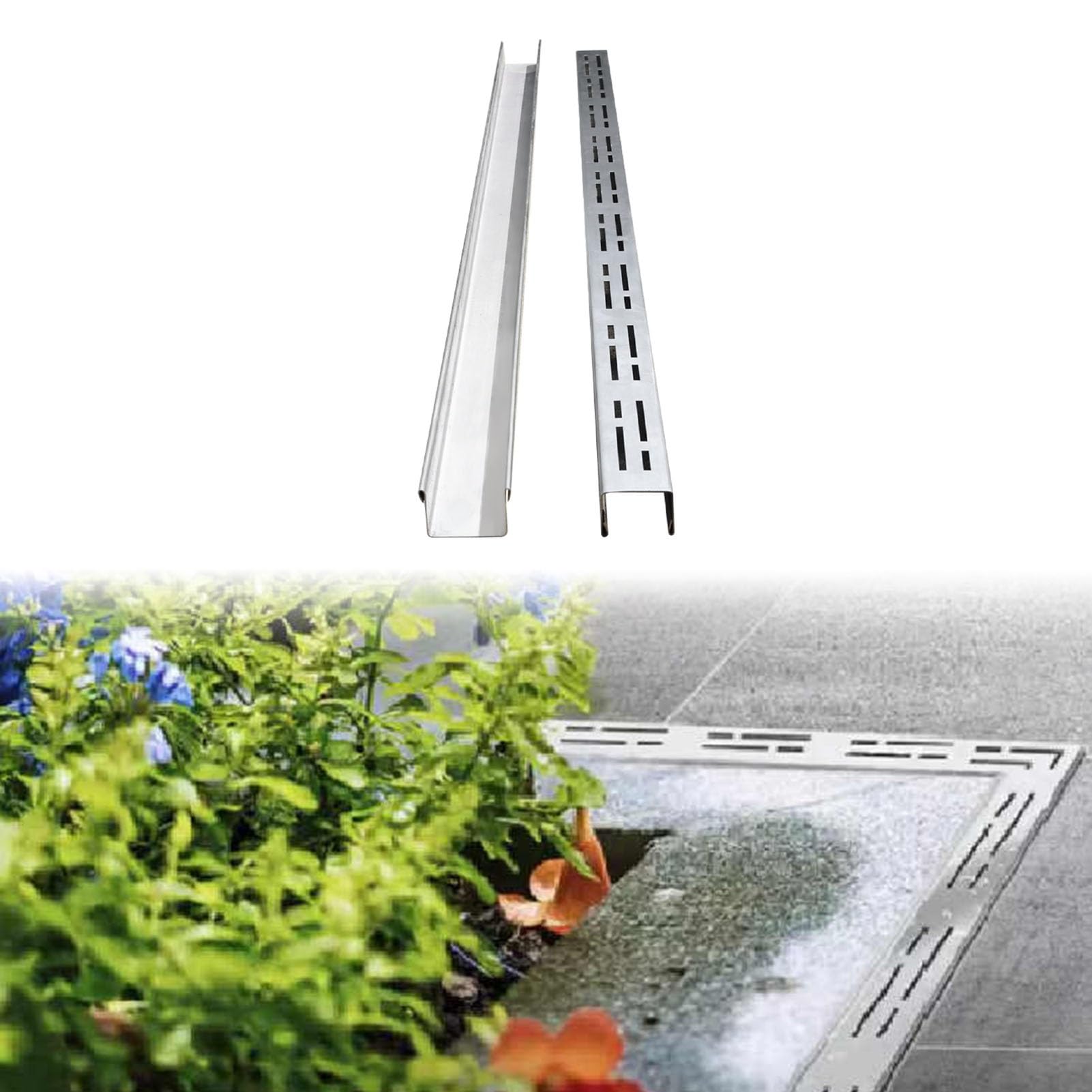Tapa y canaleta de desagüe de Acero Inoxidable de Alta Resistencia, desagüe de jardín de 4" con Rejilla, Sistema de Drenaje de Patio de 10 cm x 5 cm para una gestión eficaz del Agua.