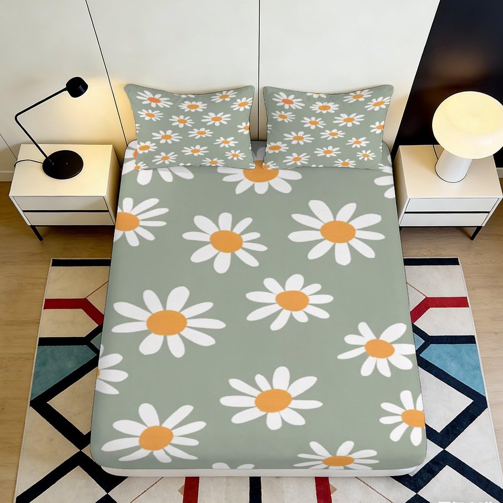3D Printed Daisy Blossom Fitted Sheet Microfiber Soft Green Floral Bed Cover for Bedroom Guest Room Decor 90x200x25cm