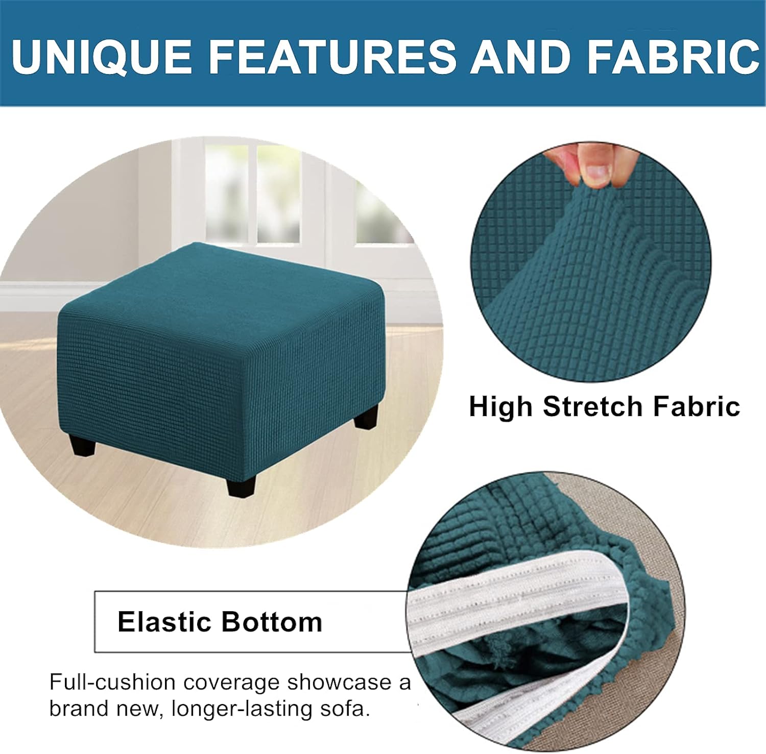 Footstools for Living Room Stretch Square Footstool Slipcover Storage Ottoman Chair Covers Sofa Foot Stool Cover Non Slip Footrest Protector with Elastic Bottom