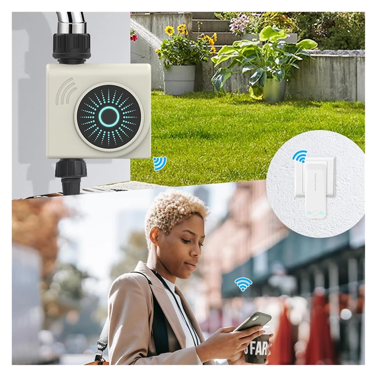 Water Timer connected to faucet with WiFi-Bluetooth Gateway and smartphone control