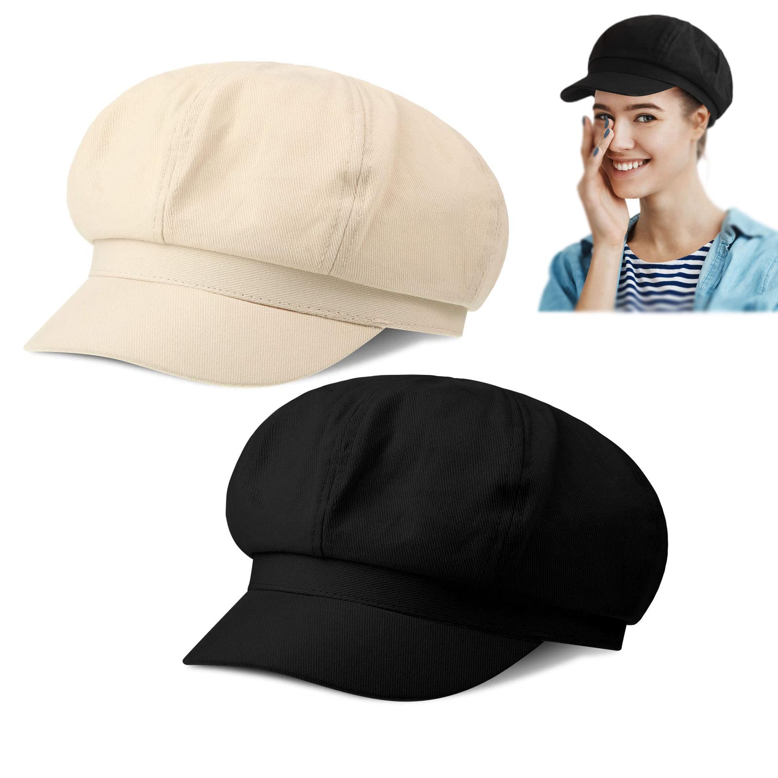 Sponsored Ad – 2 Pieces Women newsboy Cap Visor Beret Hats Vintage Cabbie Hat Octagonal Cap for Women