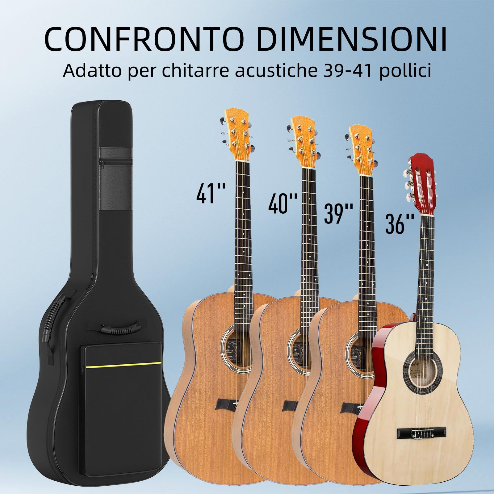 GLEAM Custodia per Chitarra Acustica - Imbottitura da 0,9 cm, per Chitarre da 99-104 cm, Impermeabile, Nera con Anello per Appendino, Borsa per chitarra acustica