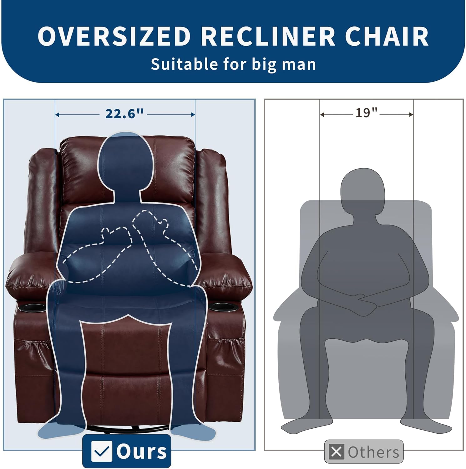 swivel rocker recliner chair for adults large wide manual single sofa seat glider chair with 3 positions 2 side pockets cup holders for nursery living room office pu fabric - coffee