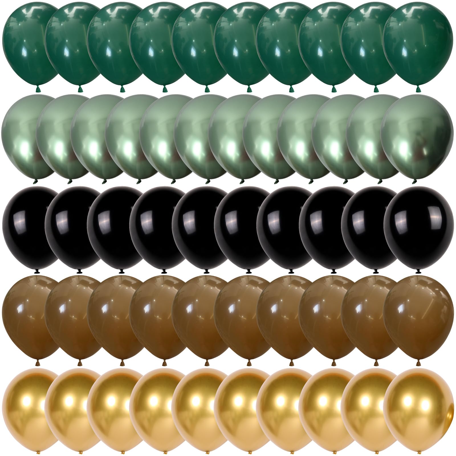 Green and Brown Balloon, 60Pcs 12Inch Dark Green Black Metallic Gold Latex Balloon, Metallic Avocado Tan Chrome Gold Balloons for Camo Camping Game