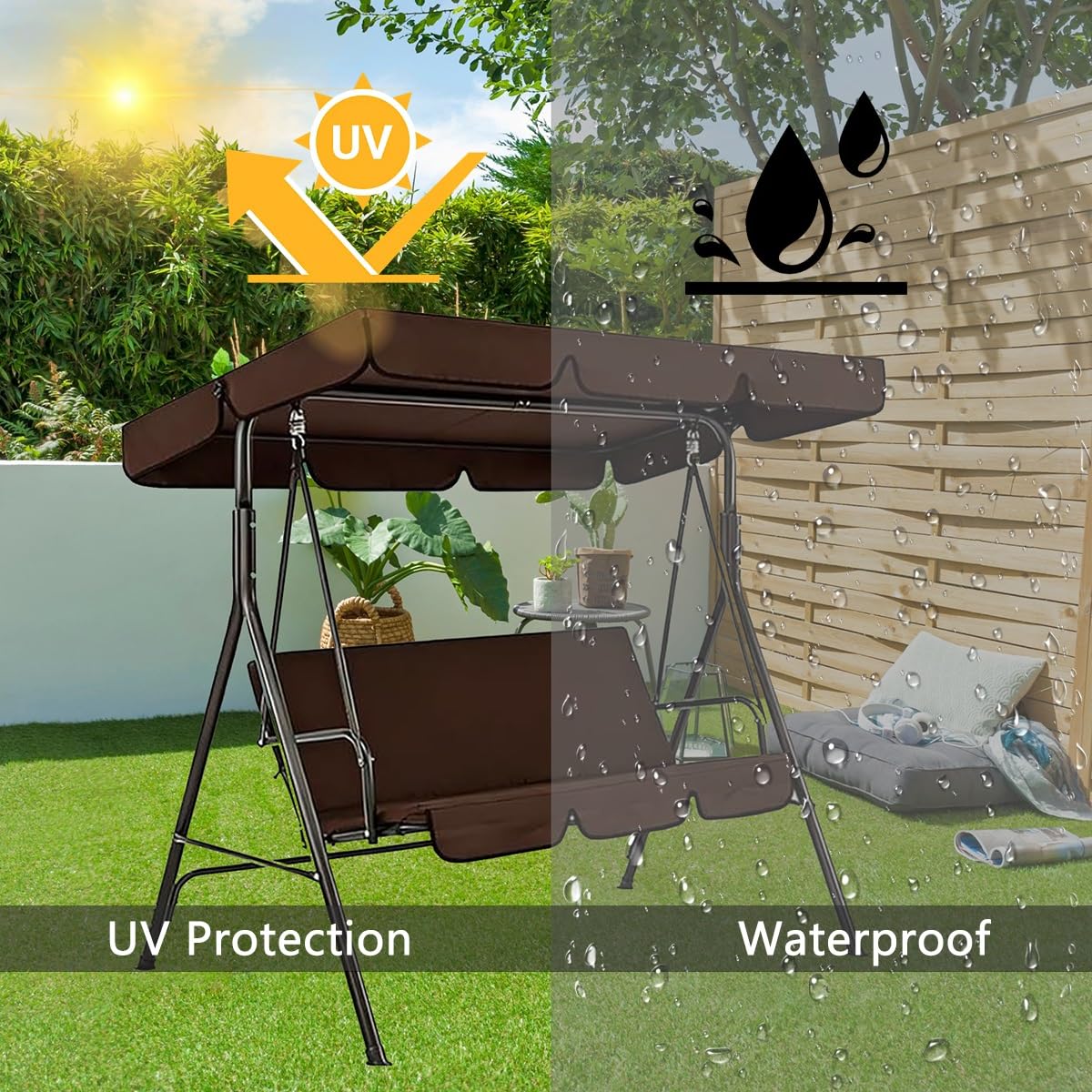 Toit de Rechange pour Balancelle, Universel Toile de Balancelle de Jardin 2/3 Places, Protection UV Imperméable Housse de Rechange Toit de Balançoire(Brown,249x185x18cm/98x73in)