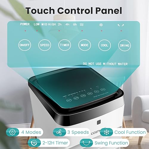 Miniatura 6 de COSTWAY Enfriador de aire evaporativo, enfriador silencioso 3 en 1 con control remoto, oscilación de 70, 4 modos, temporizador de 12 horas, tanque