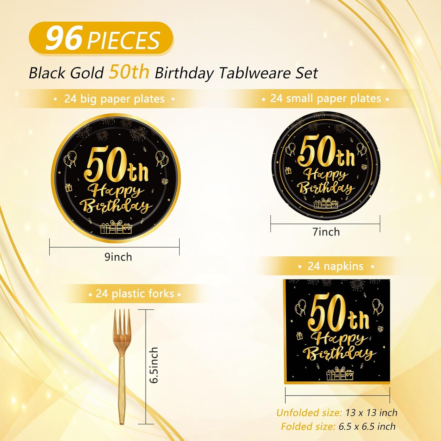 96PCS 50th Birthday Decorations Vintage 1976 Party Supplies 60 Year Old Birthday Party Decorations Cheers to 50 Years Plates Napkins Forks Black and Gold Dinnerware Favors for Men - Image 2