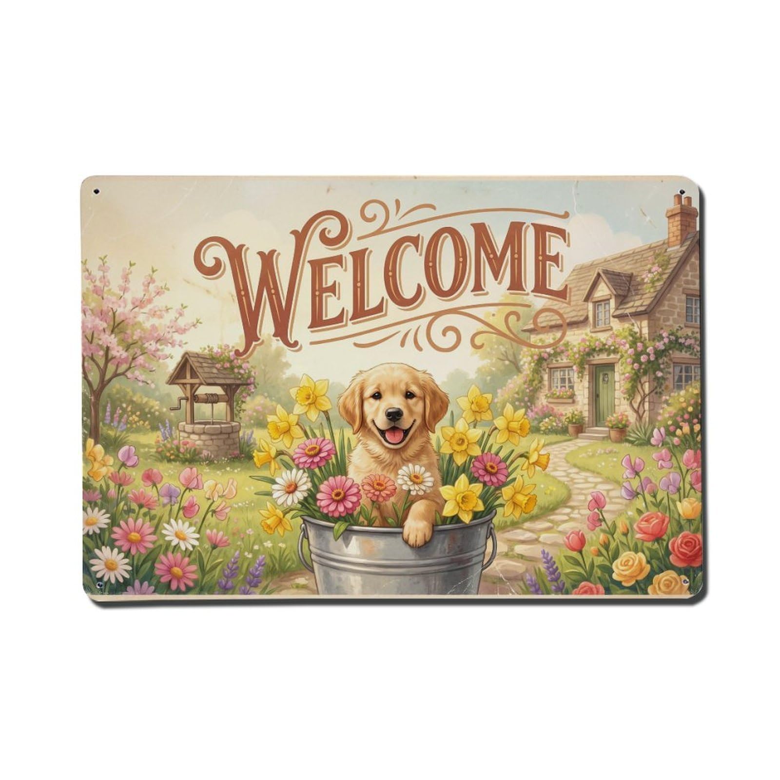 Vintage Welcome Puppy Blooming Season Metal Tin Sign