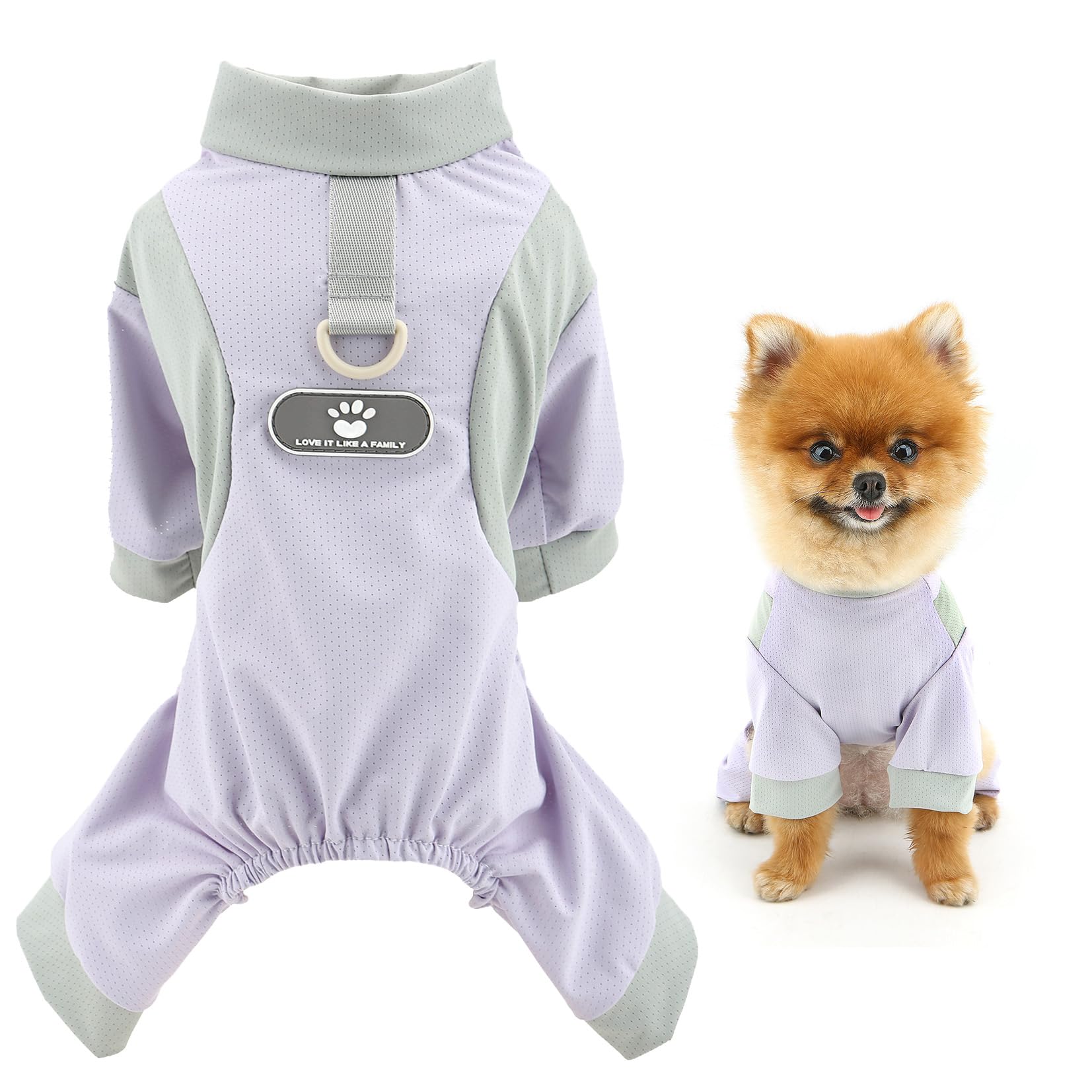 SMALLLEE_LUCKY_STORE Cool Mesh Dog Pajamas Summer Clothes for Small Dogs Pet Jumpsuit with D-Ring and Patch UV Resistant Puppy Pjs Breathable Chihuahua Yorkie Cat Apparel, Purple, M