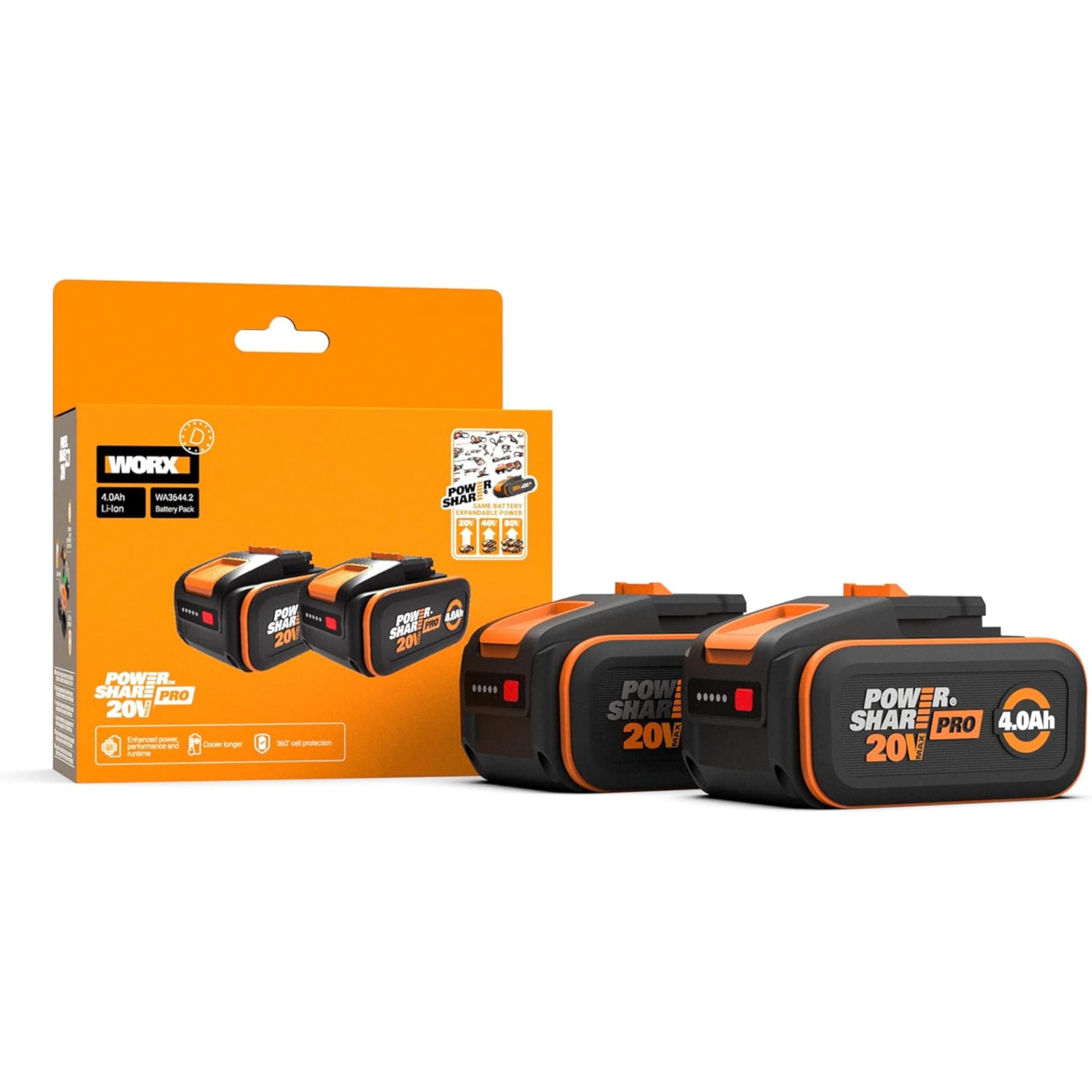 WORX Pack 2 Batteries PowerShare Pro 20V 4 Ah WA3644.2 | Technologie PowerShare Pro, autonomie renforcée, cellules lithium-ion durables et recharge rapide