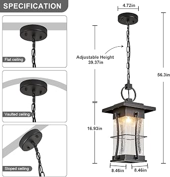 17 Extra Large Outdoor Pendant Light Black Mission Style Hanging Lantern with Seeded Glass Waterproof Outdoor Ceiling Mount Light for Porch Chandelier Lighting