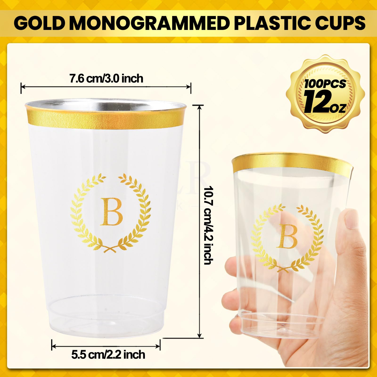 Datyiiha 100 Pieces Monogrammed Plastic Cups Gold Foil Letter B Disposable Cups 12 oz Clear Initial Party Cups for Wedding Birthday Baby Shower Personalized Party Drinkware