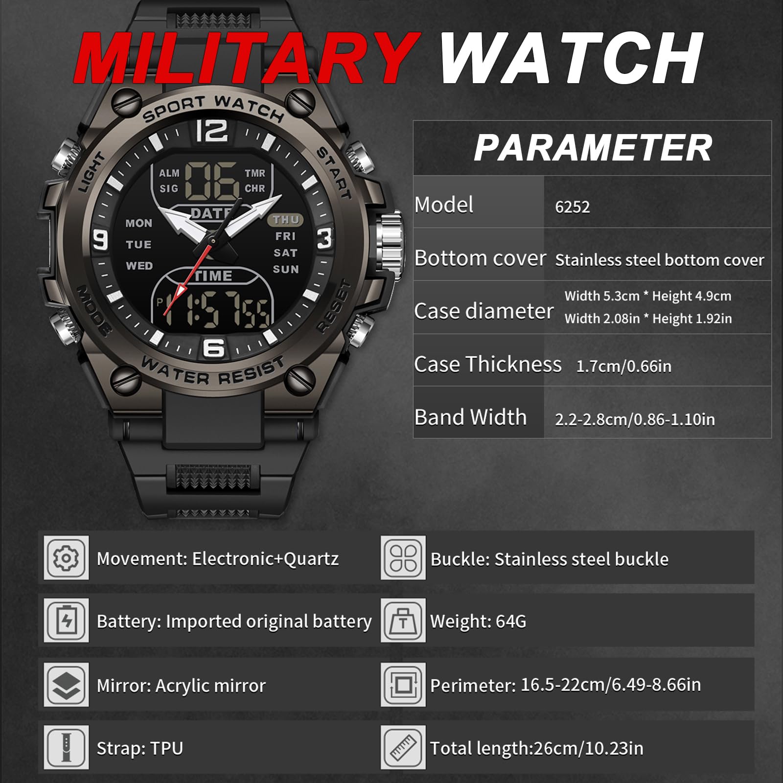 Orologio da polso da uomo, digitale, sportivo, impermeabile, militare, con display a LED, lancette analogiche e numeri digitali, Nero , cinghia