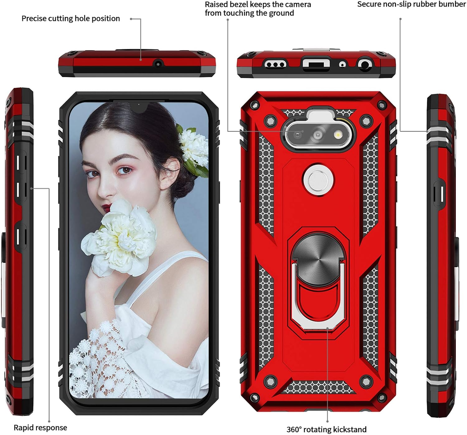 LeYi Compatible for LG Phoenix 5 Case, LG Aristo 5/Tribute Monarch/Fortune 3/K31/Risio 4/K8X/Aristo 5 Plus Case with 2PCS Tempered Screen Protector, Military-Grade Case with Ring Kickstand, Red