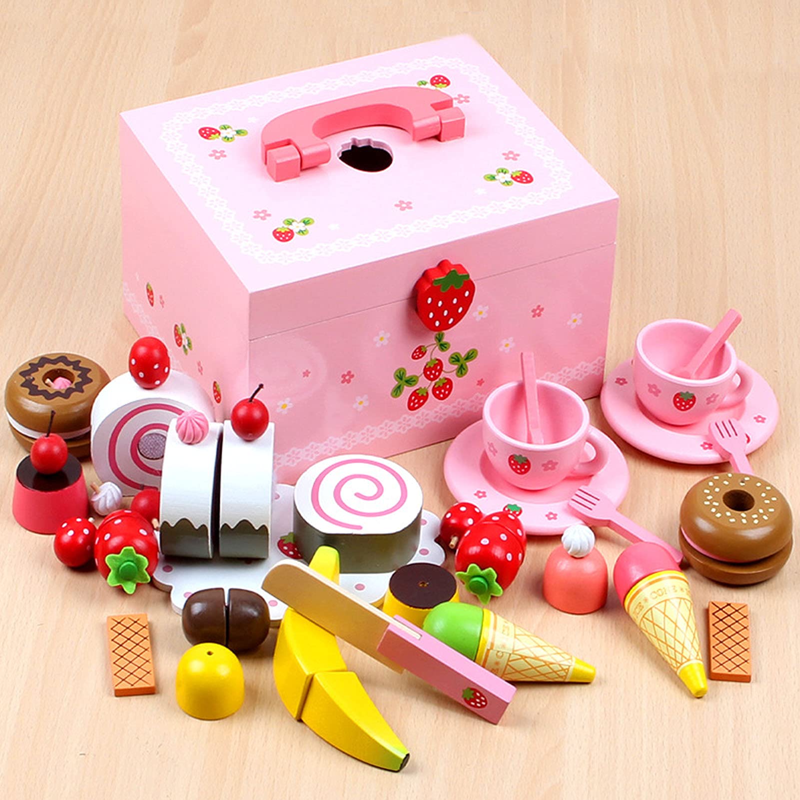 Juego de Pastel de Simulación para Juego de Simulación, Diversión Educativa para Niños Pequeños con Coloridos Accesorios de Postre de Madera