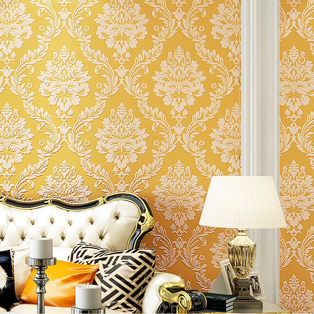 10X0.53M 3D 7 Colors Shiny Crystals European Gold Damask Flock Textured Non-Woven Wallpaper Roll for Bedroom Livingroom 1.73' W x 32.8' L=5.3㎡ (57sq.ft) (Gold) — image 1