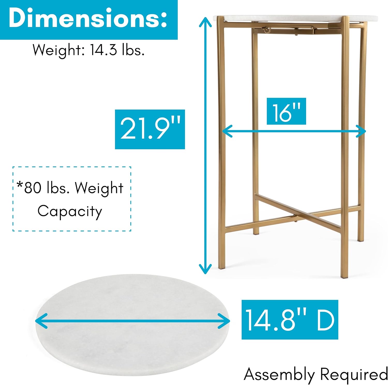 BIRDROCK HOME Folding Side Table with Marble Top - Metal Foldable Nightstand - Indoor Use Only - Bar Coffee Drinks Food Serving Tray - Decorative Modern End Accent (Marble Top with Gold Legs)