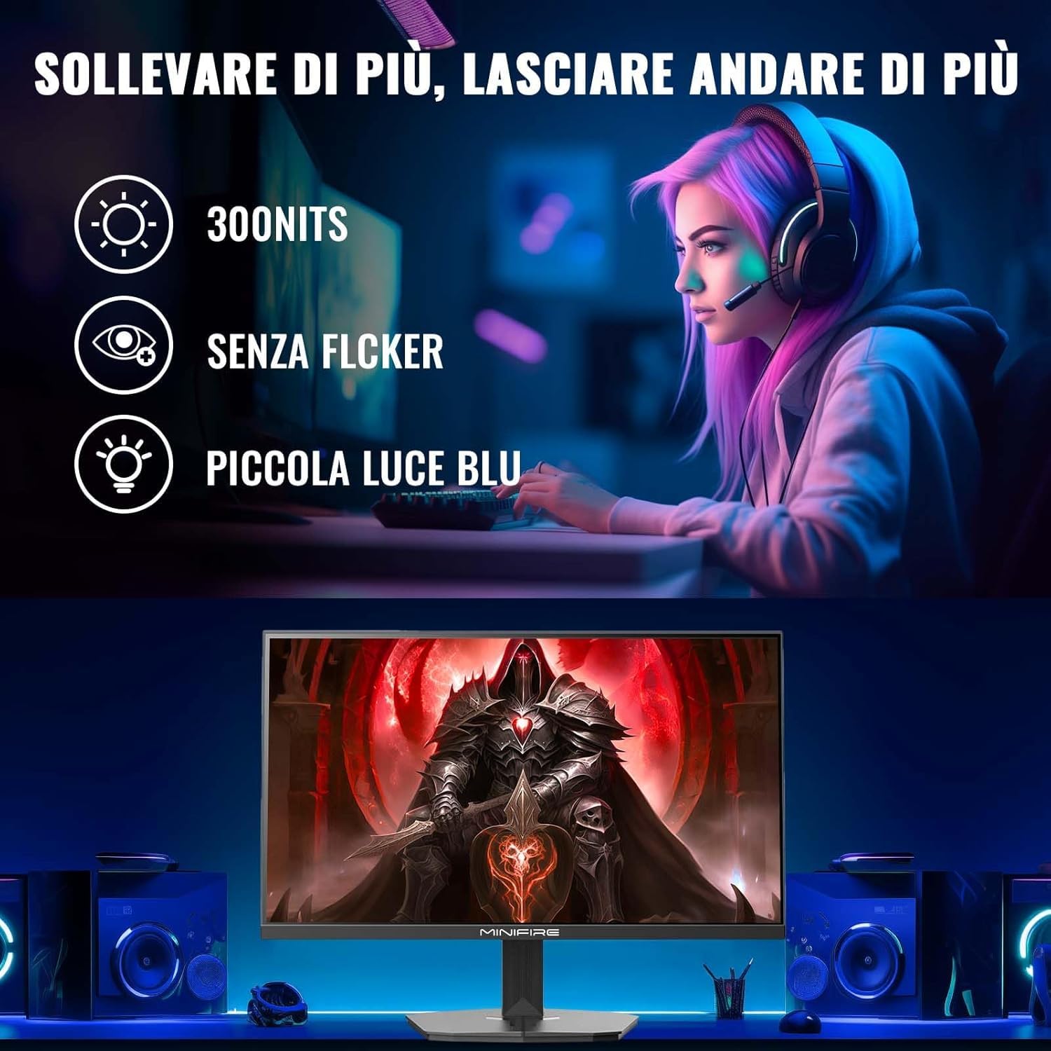 Minifire MFG24F4L Monitor Gaming 24 Pollici 180Hz, Full HD (1920x1080), PC Schermo IPS, 1ms, FreeSync, HDMI 1.4, DisplayPort 1.2, sRGB 110%, 300Nits, VESA, Inclinazione Regolabile, Eye Care