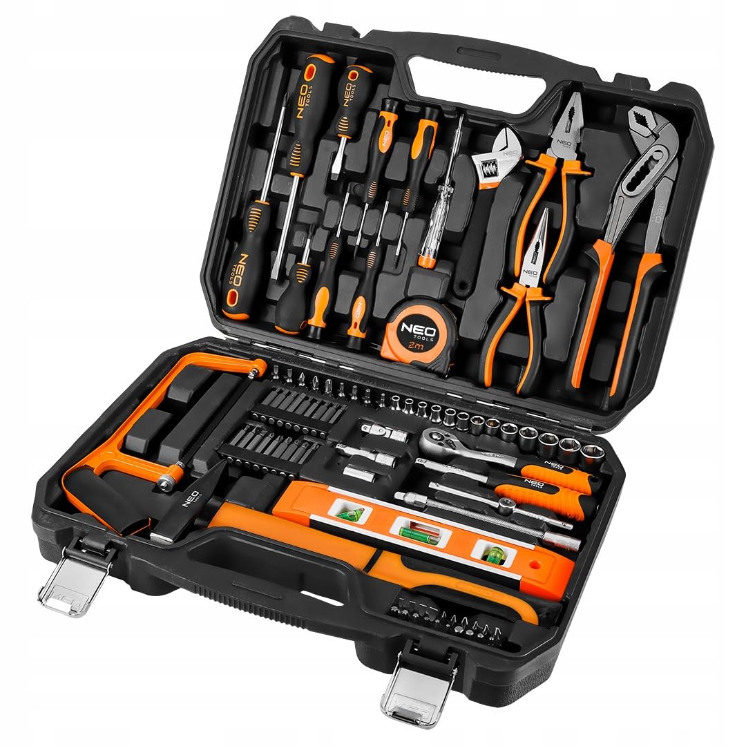 NEO TOOLS Zestaw Narzędzi dla Majsterkowicza, 88 Elementów w Wytrzymałej Walizce | Klucze Nasadowe 1/4", Imbus, Uchwyt | Kompletny Zestaw do Warsztatu, Garażu