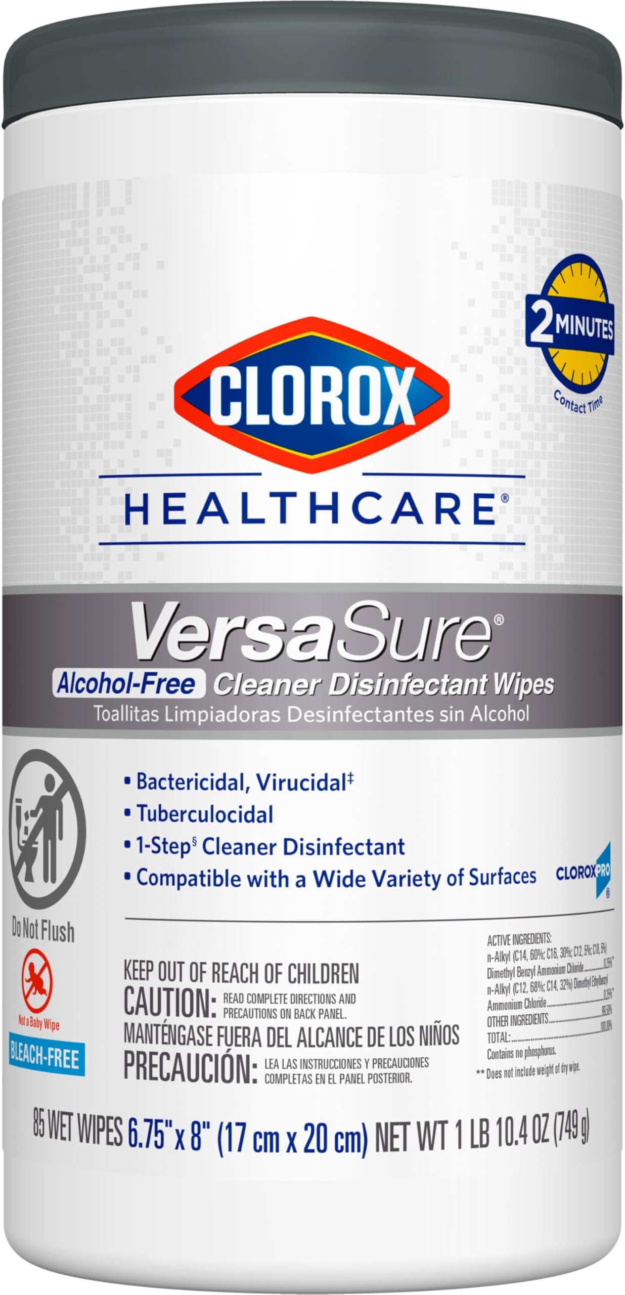 Healthcare VersaSure Cleaner Disinfectant Wipes, 6.75" x 8", 85 Count Canister (Package May Vary)