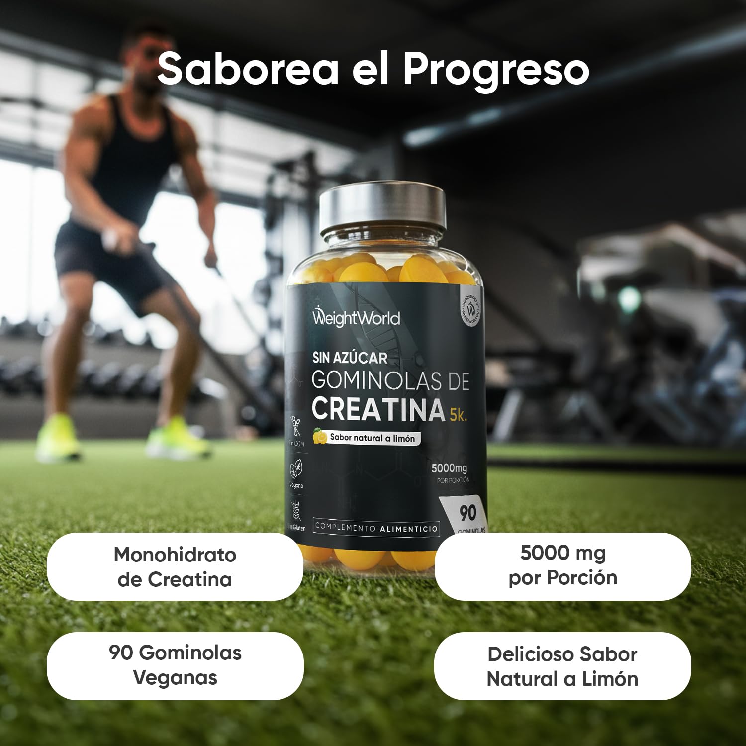 Gominolas de Creatina Monohidratada 5000mg - Gomitas Pre Entreno Sabor Limón de Creatina Monohidrato Sin Azúcar ni Gluten - Suplemento para el Gym, Sin OGM