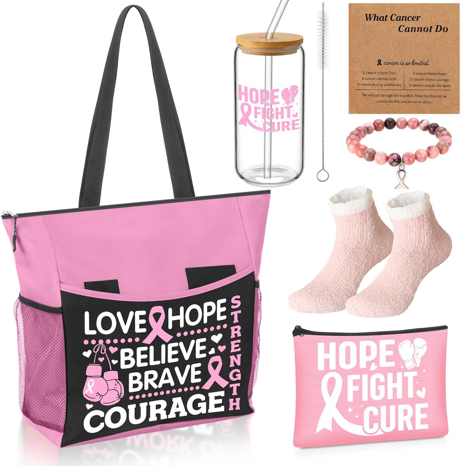5 Pcs Breast Cancer Awareness Gifts for Women Include Ribbon Zippered Tote Bag Makeup Bag 16 oz Glass Cup Bracelets and Sock Appreciation Gift Set for Female(Pink,Cancer Ribbon)