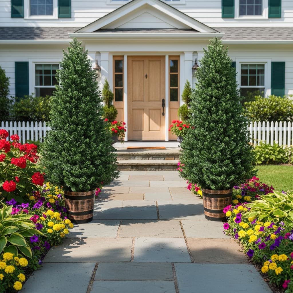 Set of 2 Artificial Cedar Topiary Trees - 4FT Faux Pine Shrubs with Barrel Planter, Fake Cypress Evergreen Plants for Home Office Front Door Porch Decor