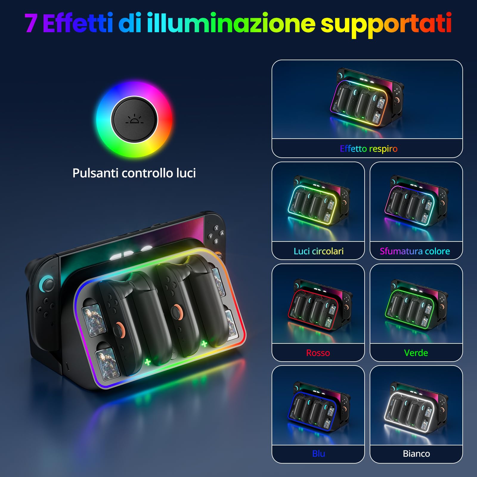 MANKIW Stazione Ricarica Per Nintendo Switch 2, Caricatore 4 In 1 Per 2 Controller Joy-Con Con LED Indicatori & Luci RGB, Dock TV, Ricarica Da Parete