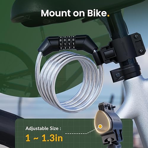 Miniatura 7 de Titanker Cable de bloqueo de bicicleta, bloqueo de cable de bicicleta de 4 pies, bloqueo de bicicleta autoenrollable básico para niños, combinación