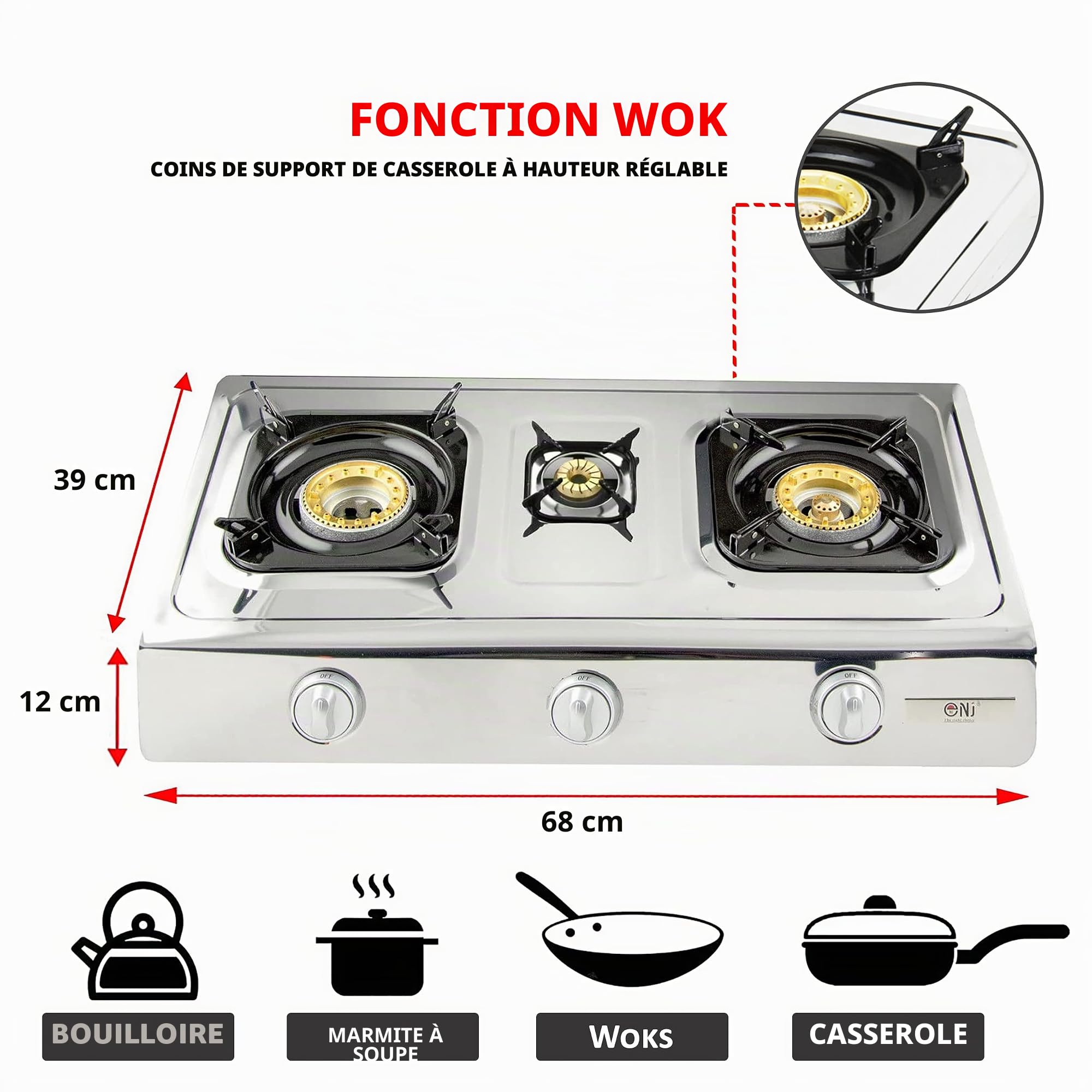NJ NGB-300 Réchaud Camping Gaz - 3 feux Plaque de Cuisson Portable Inox