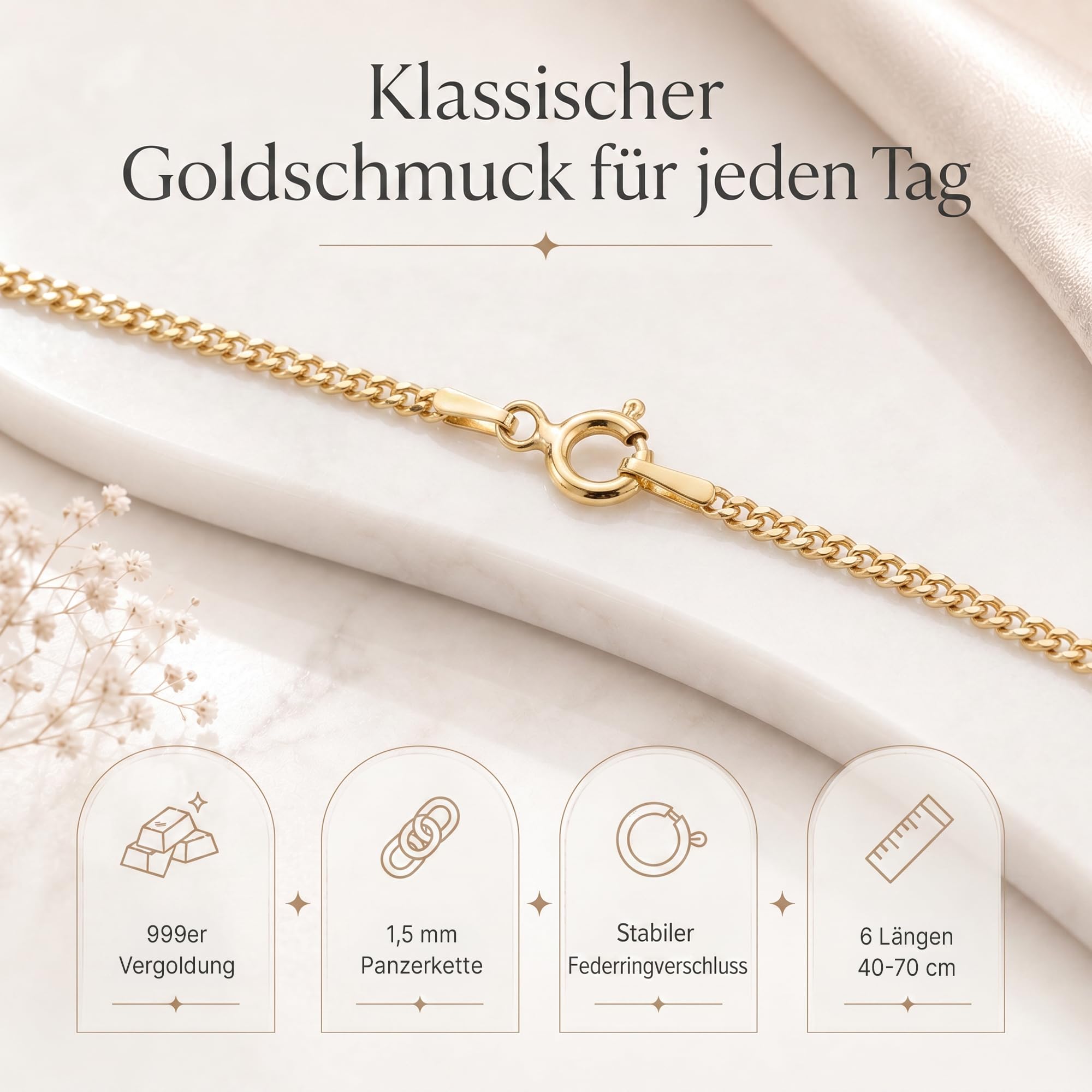 Panzerkette vergoldet 925 Silber Damen 1,4 mm Halskette 101041-5 | goldene Silberkette Gold Kette Goldkettchen in den Längen 40 42 45 50 60 70 cm verfügbar