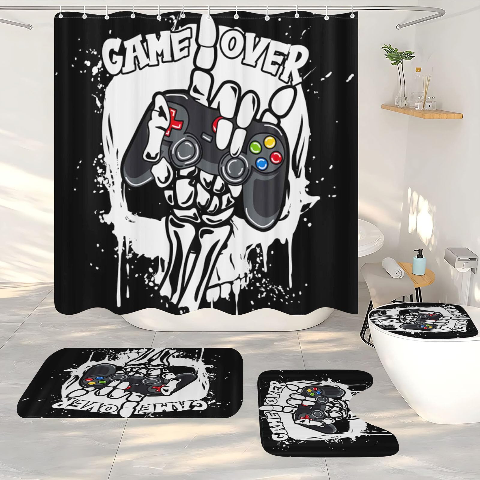 Gaming Controller Duschvorhang, Gaming-Duschvorhang-Set Gaming Duschvorhang 180x200 Gamer GamingTextil Duschvorhänge Badezimmerteppich 4-teiliges Set (4,200 x 200 cm)