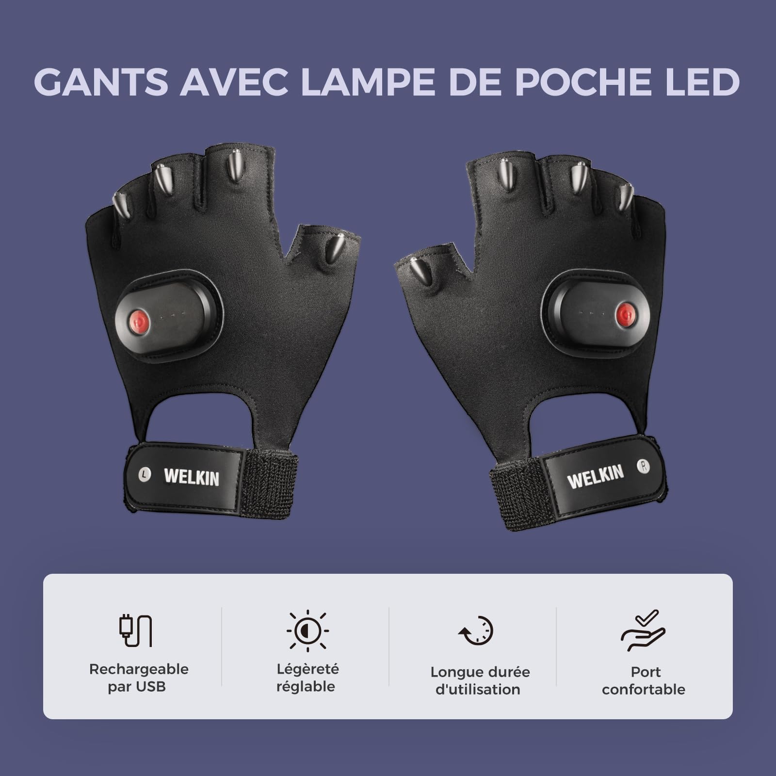 WELKIN Gants à LED avec lumière, lumières rechargeables, cadeaux pour hommes, lumières sans mains pour la pêche, longue autonomie