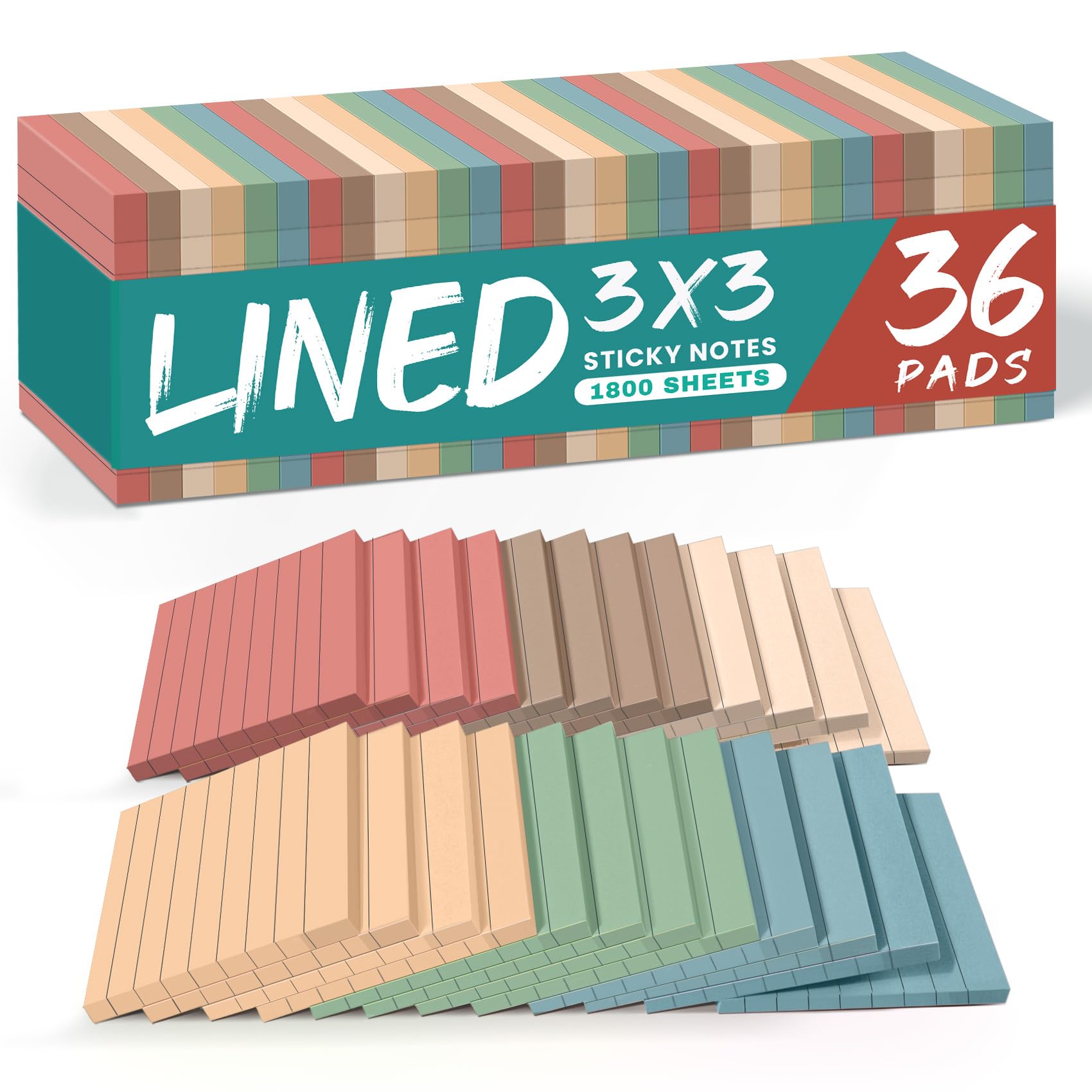 Taja Lined Sticky Notes 3x3 Inches, 36 Pads | Vintage Pastel Colors for Organization - main product image