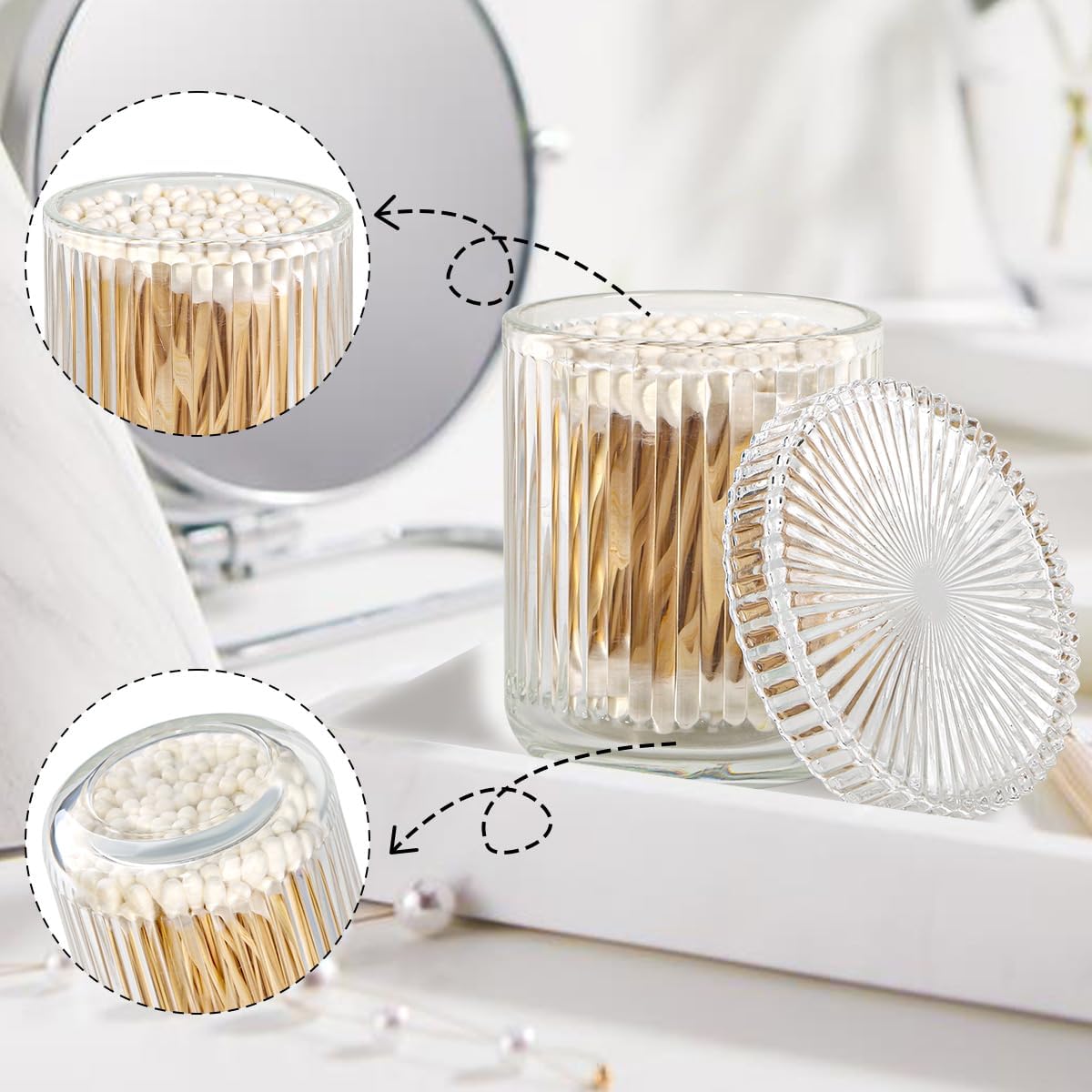 2pcs Bathroom Canister and Storage, Clear Glass Qtip Holder Dispenser, Apothecary Jars with Lids, Modern Ribbed Vanity Storage Organizer Set for Cotton Swabs, Cotton Balls, Pads