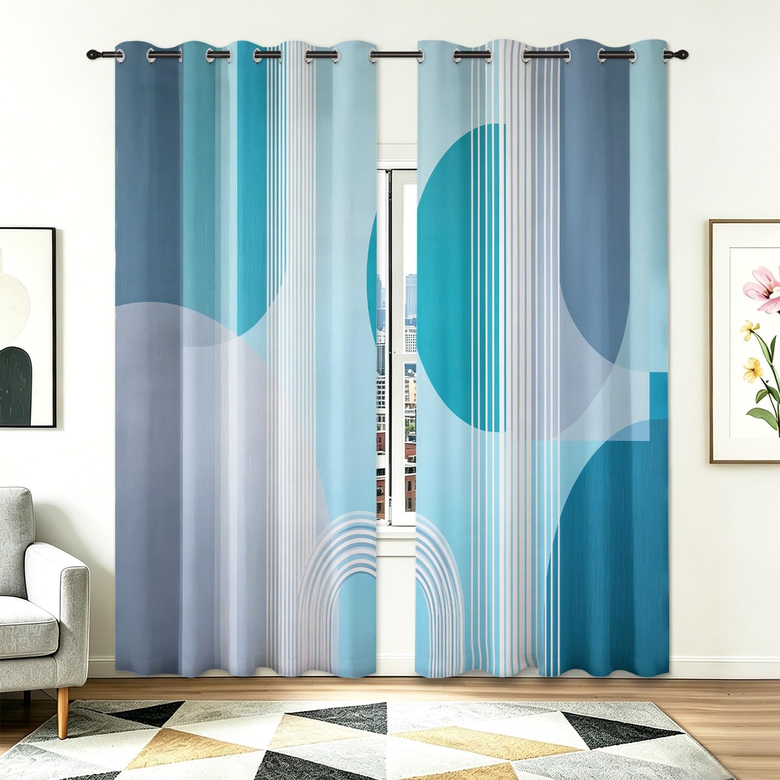 Thermovorhang Kälteschutz Vorhang Blickdicht mit Ösen H138 x B117 cm 2er Set Modern Minimalistisch Streifen Geometrisch Kreise Gardinen Mehrfarbig für Wohnzimmer & Schlafzimmer Verdunkelungsvorhänge