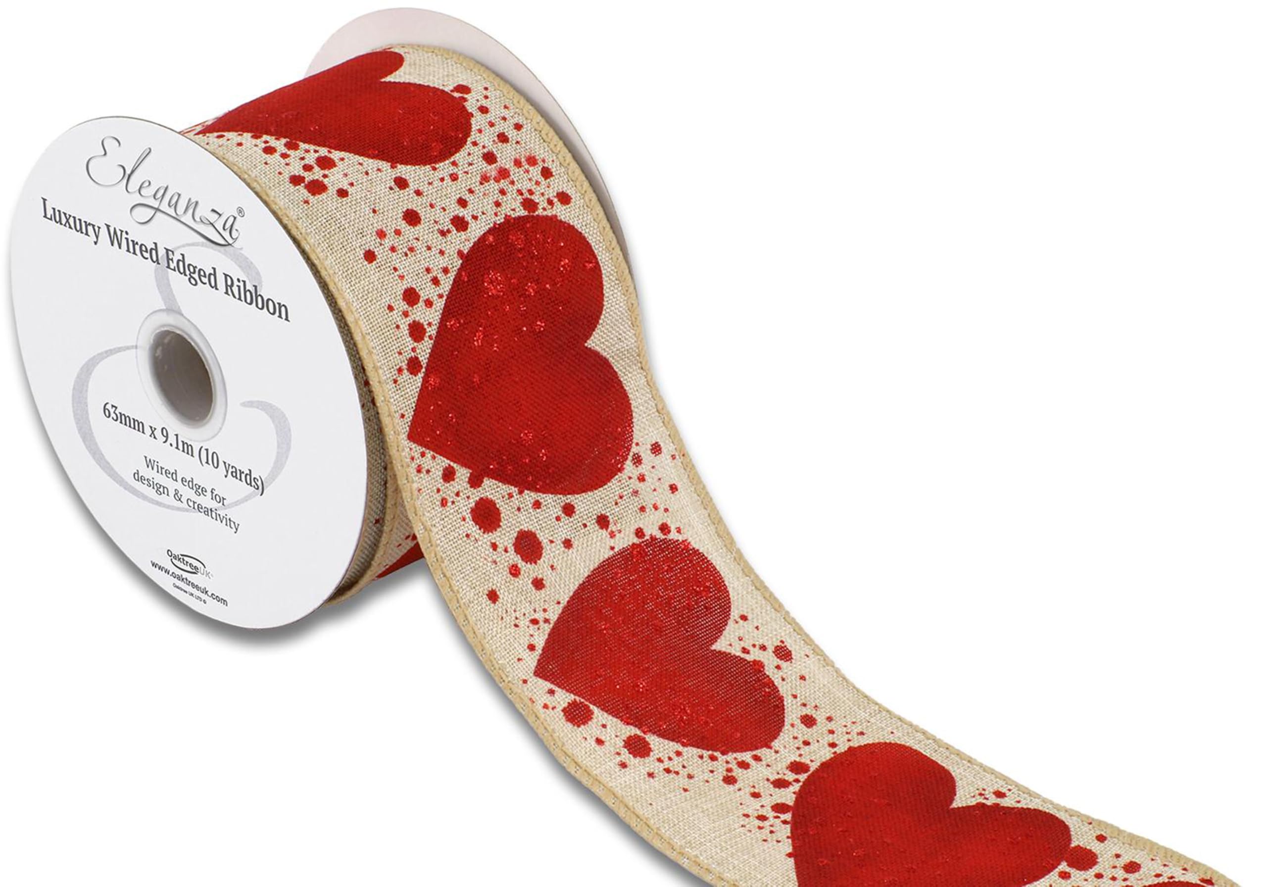 Decor Essentials Red Heart Natural Ribbon Wedding - 63mm x 9.1m, Luxury Wired Edge for Crafts, Gifts, & Decor (Large Hearts/Dots Red)
