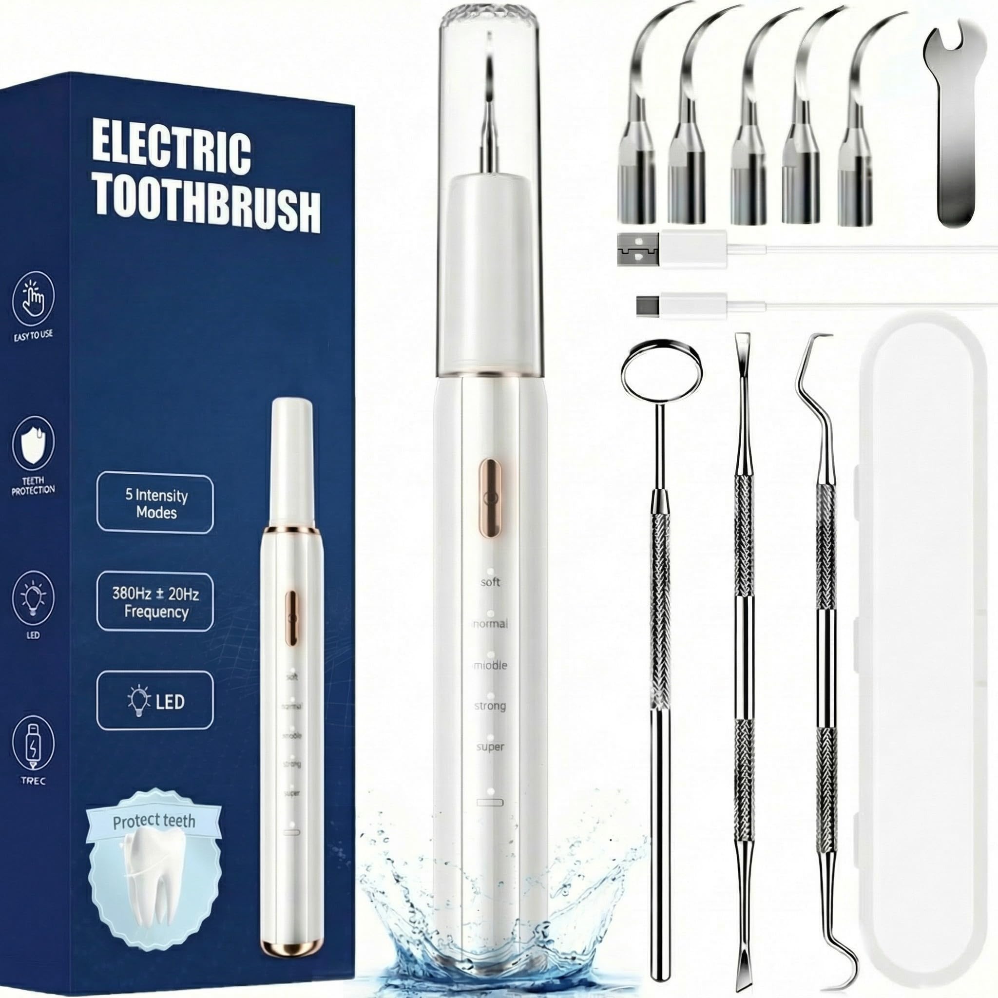 Kit Pulizia Denti Tartaro，Spazzolino Elettrico Ultrasuoni Intelligente con 5 Modalità Per Rimozione Placca e Macchie con 5 Testine Intercambiabili e Luci LED per Pulizia Tartaro Uso Quotidiano a Casa