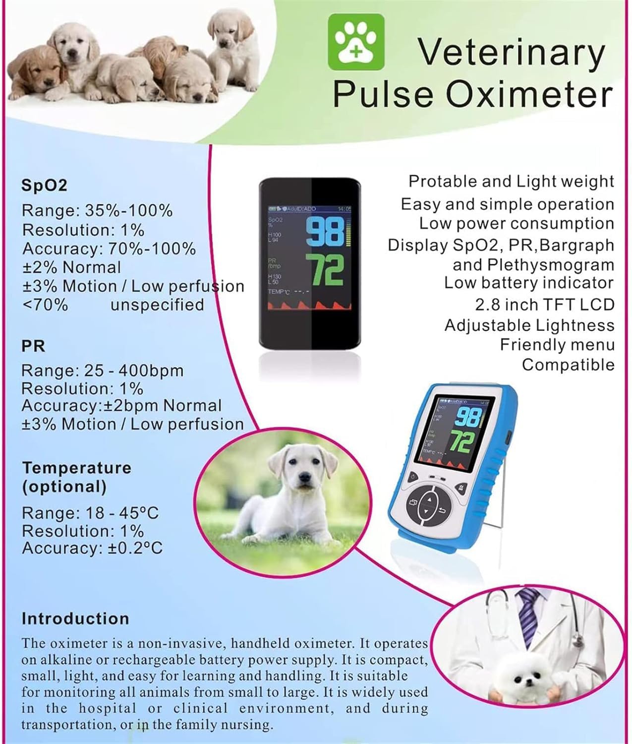 Pulsossimetro Portatile Veterinario Cardiofrequenzimetro per Gatti E Cani Monitoraggio Portatile Dell'orecchio O della Lingua Frequenza Cardiaca del Battito Cardiaco Veterinario per L'uso I