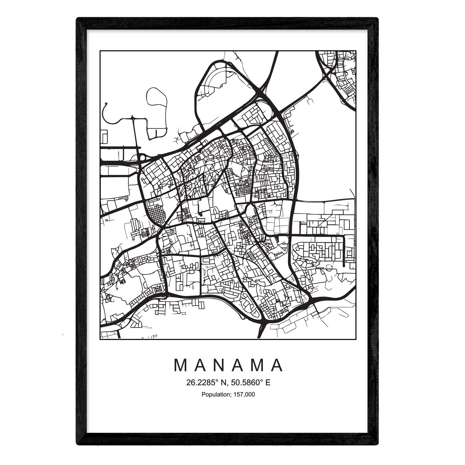 Nacnic Art Print City map Manama Nordic style in black and white. Poster A4 Framed with black frame Printed paper 250 gr. Pictures, sheets and posters for Salon and Bedroom