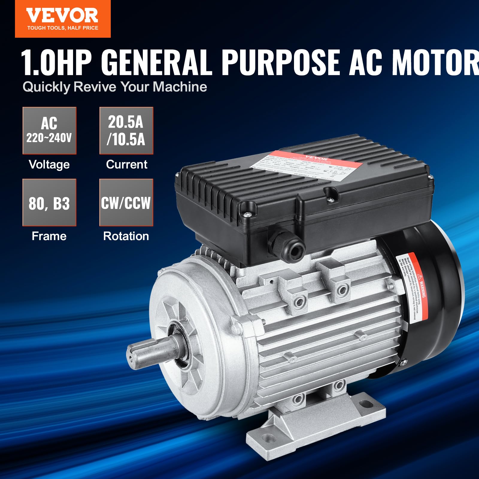 VEVOR Motor Eléctrico 0.75 kW 1400 RPM, CA 220~240 V 5,45 A, 80, Marco B3, Motor de Compresor de Aire Monofásico, Eje con Llave 19 mm, para Maquinaria Agrícola y Equipos Generales, 290 x 160 x 215 mm