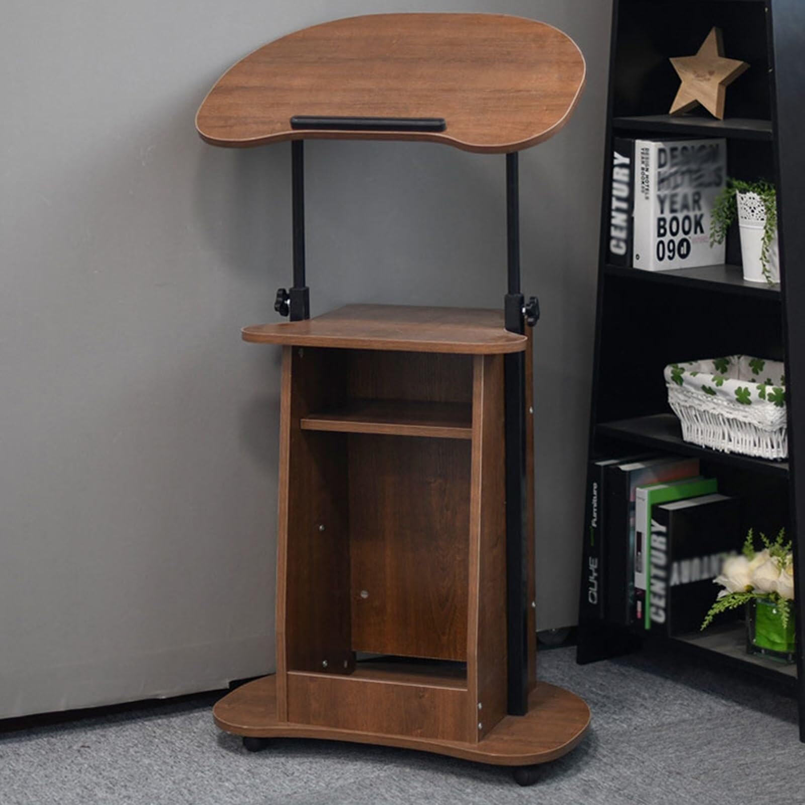 DUANHOZ Height Adjustable Mobile Laptop Stand with Storage Shelf - Sit-to-Stand Desk for Speaking Lectern, Portable Podium with Tilting Desktop