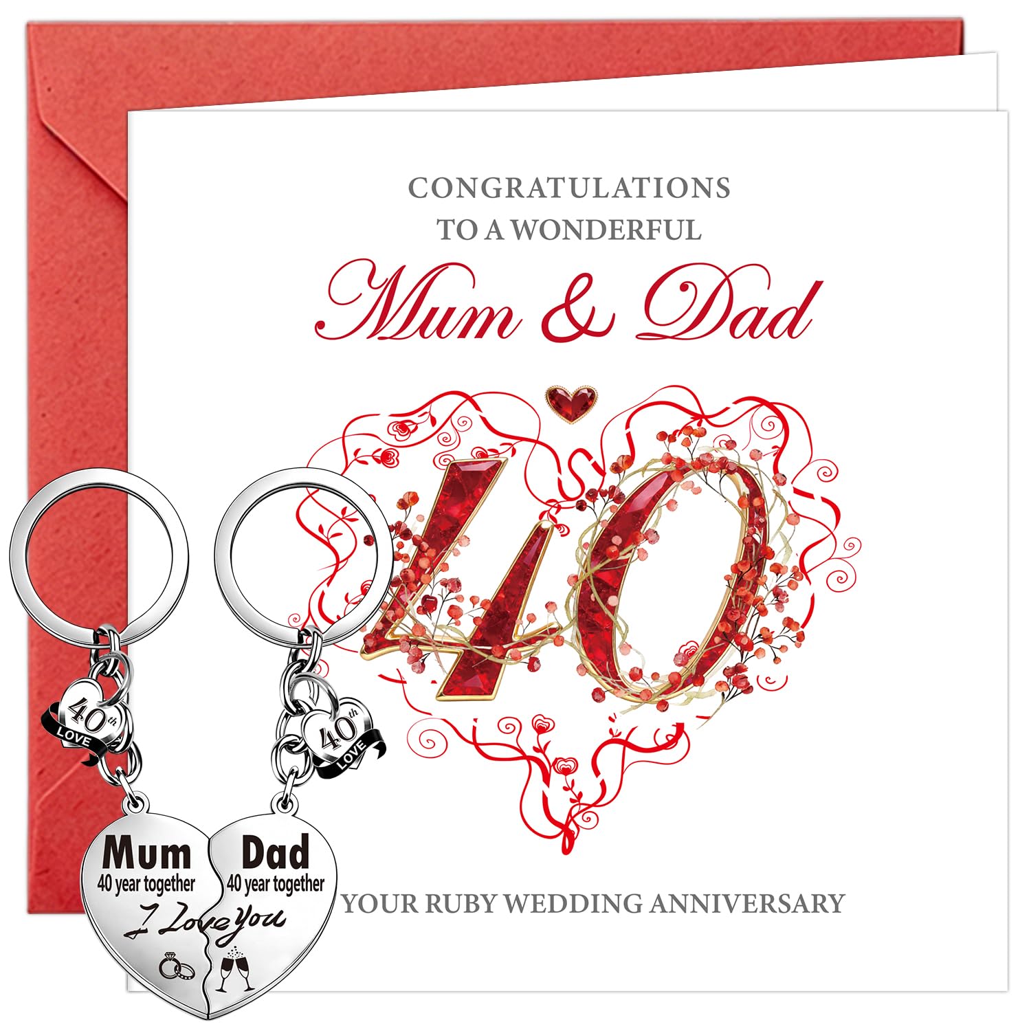 Luvart 40th Wedding Anniversary Card Gift - Ruby Wedding Anniversary Greeting Card with Keychain Celebrating 40 Years Marriage Gifts for Parents Mum & Dad Him Her Spouse Couples