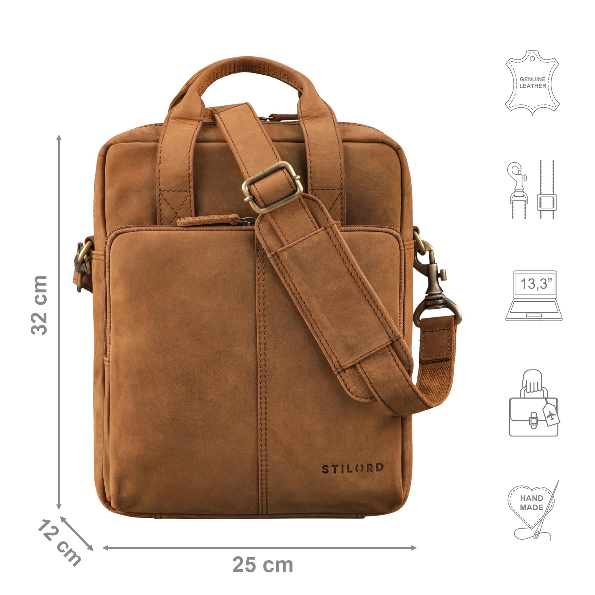 STILORD Dave Sacoche Homme bandouliere Cuir Voyage Sacoche Ordinateur 13.3 Pouces MacBook Borsa per Tablet Sac Bandoulière Sac Messenger Cuir Véritable Couleur:Tan - Marron - Scuro