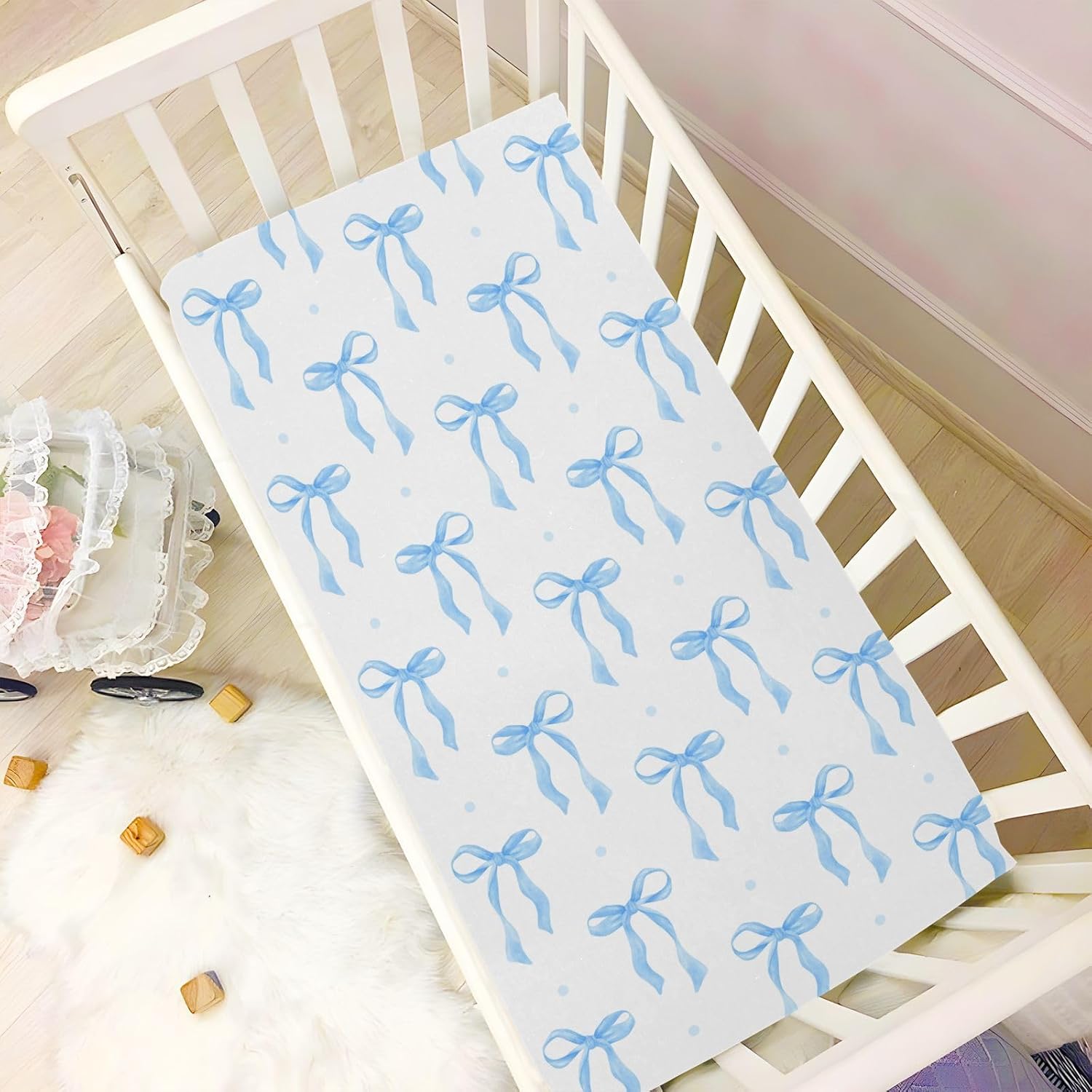 Coquette Blue Bow Watercolor Fitted Crib Sheets Stretchy Portable Playard Sheets for Baby Toddler, Breathable Soft Mini Crib Mattress 52 x 28 in for Boys and Girls