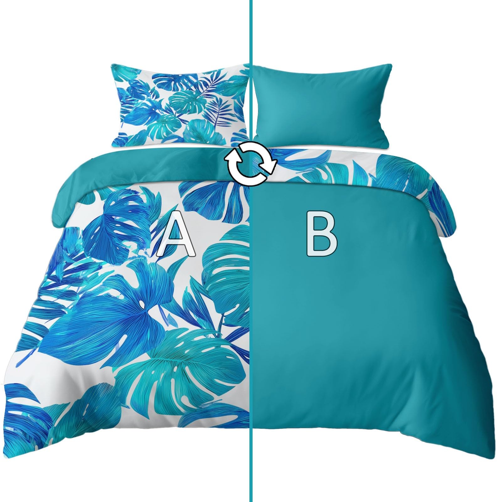 Parure de lit 140x200 cm avec 2 taies d'oreiller motif feuilles tropicales bleu paon en microfibre