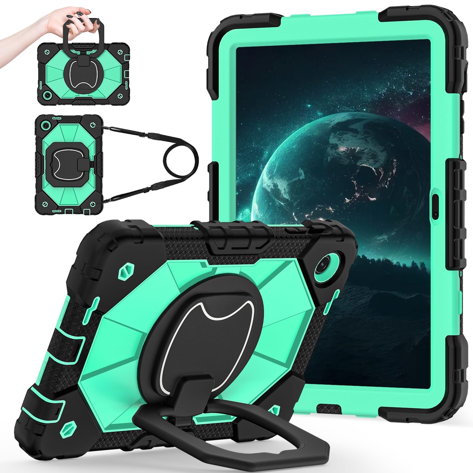 Etui na tablet T-Mobile REVVL Tab 2 25.7 cm 2025, wytrzymała, odporna na wstrząsy osłona, etui ochronne W 360 obrotowa podpórka + pasek na rękę + pasek na ramię (miętowa zieleń)