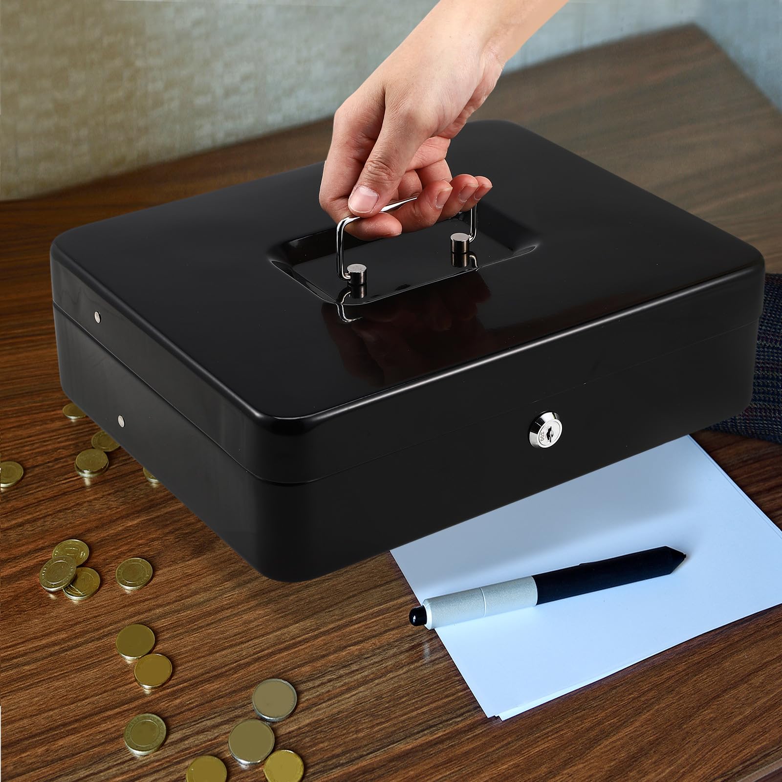 Caja de Dinero con Bandeja para Billetes y Monedas, Caja Registradora Portátil con Cerradura y Llaves para Uso Doméstico y Comercial