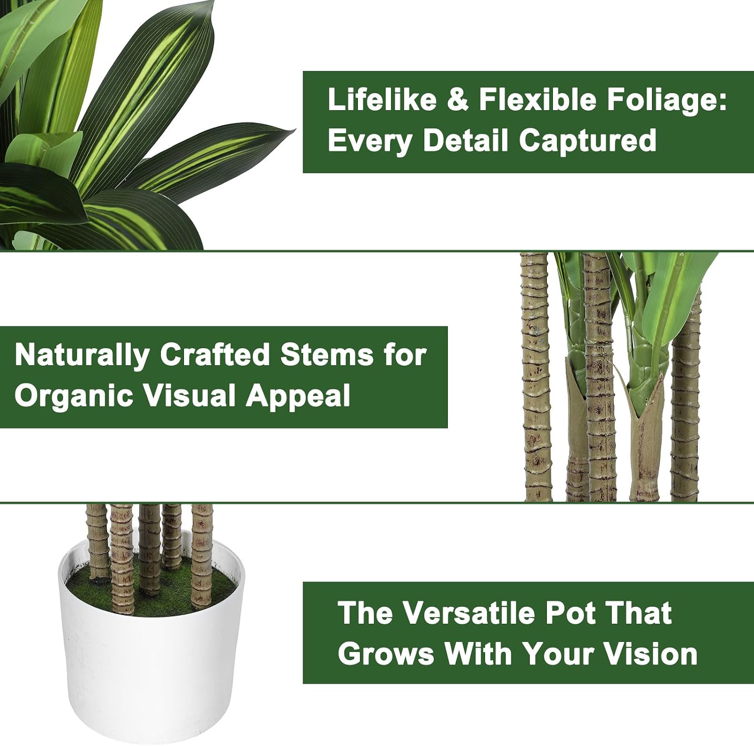 Mapleway 4.3FT Artificial Dracaena Tree with 5 Stems, Fake Yucca Plant | 5-stem dracaena, silk leaves, resin trunk. No water, bendable. Black pot. For home, office, porch